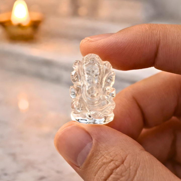 A+ Natural Quartz Crystal Sphatik Ganesha Idol | Lord Vinayaka Ganapati Statue for Puja, Meditation, Home Decor, Healing & Blessings (30-40 Grams) from Varanasi